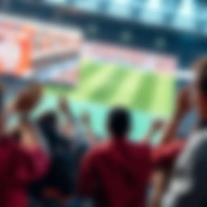 Group of fans cheering in front of a large screen