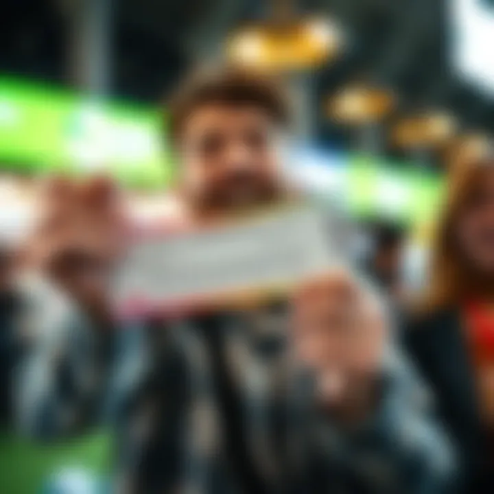 An excited customer holding a winning lottery ticket in a celebratory manner