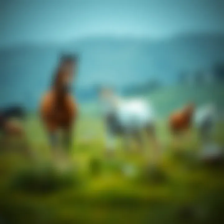 A serene landscape featuring horses in a pasture