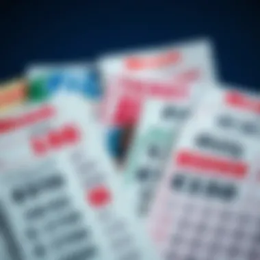 A close-up of various lottery tickets showcasing different designs and prices