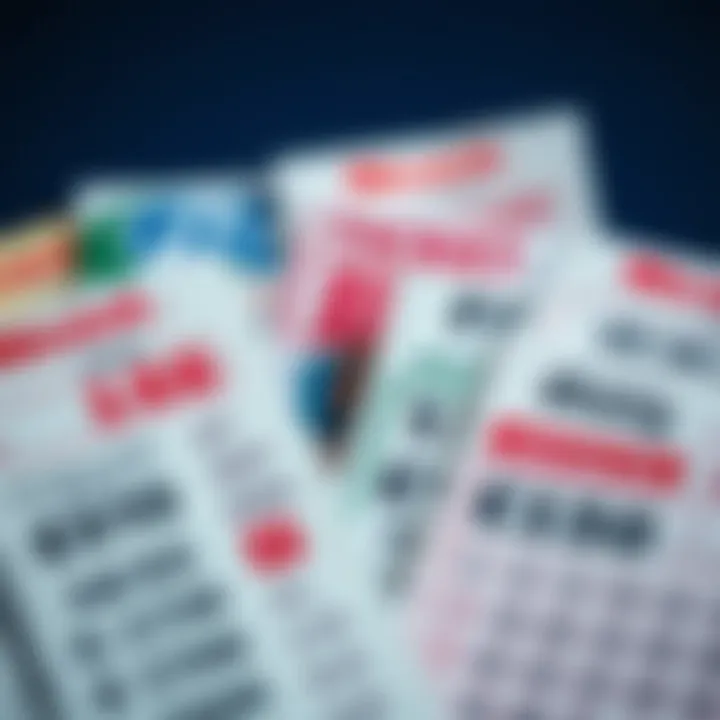 A close-up of various lottery tickets showcasing different designs and prices