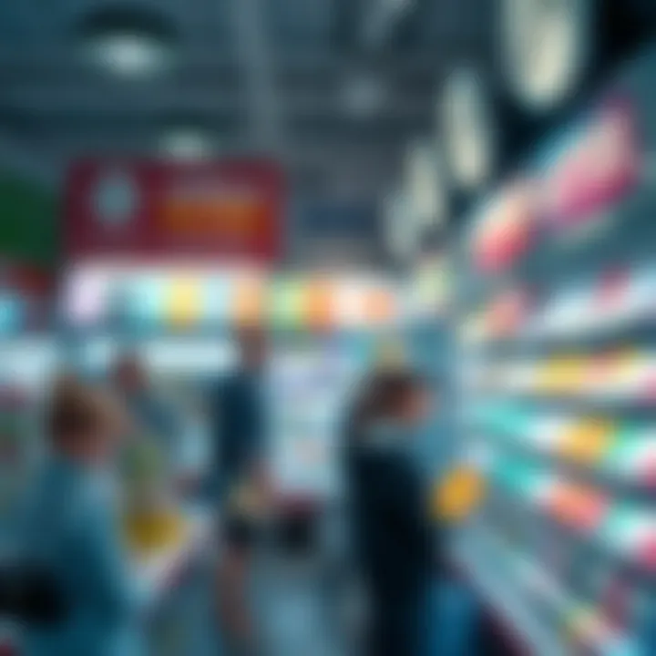 A bustling lottery retail shop with colorful tickets on display